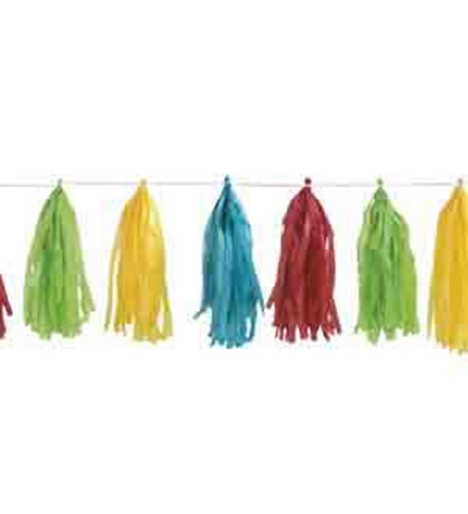 9ft garland with hanging tissue paper tassels in green, yellow, blue, and red colors.