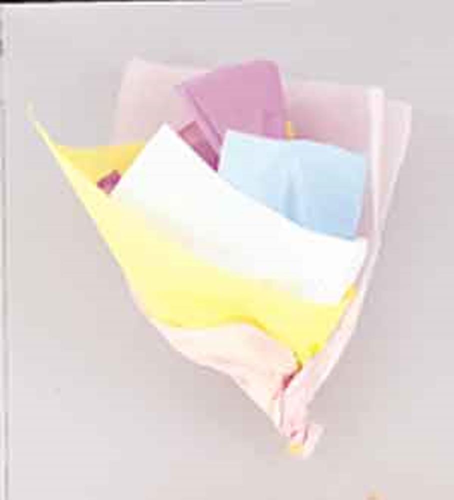 Assorted pastel tissue sheets in pink, purple, blue, yellow, and white, neatly stacked and slightly fanned out.