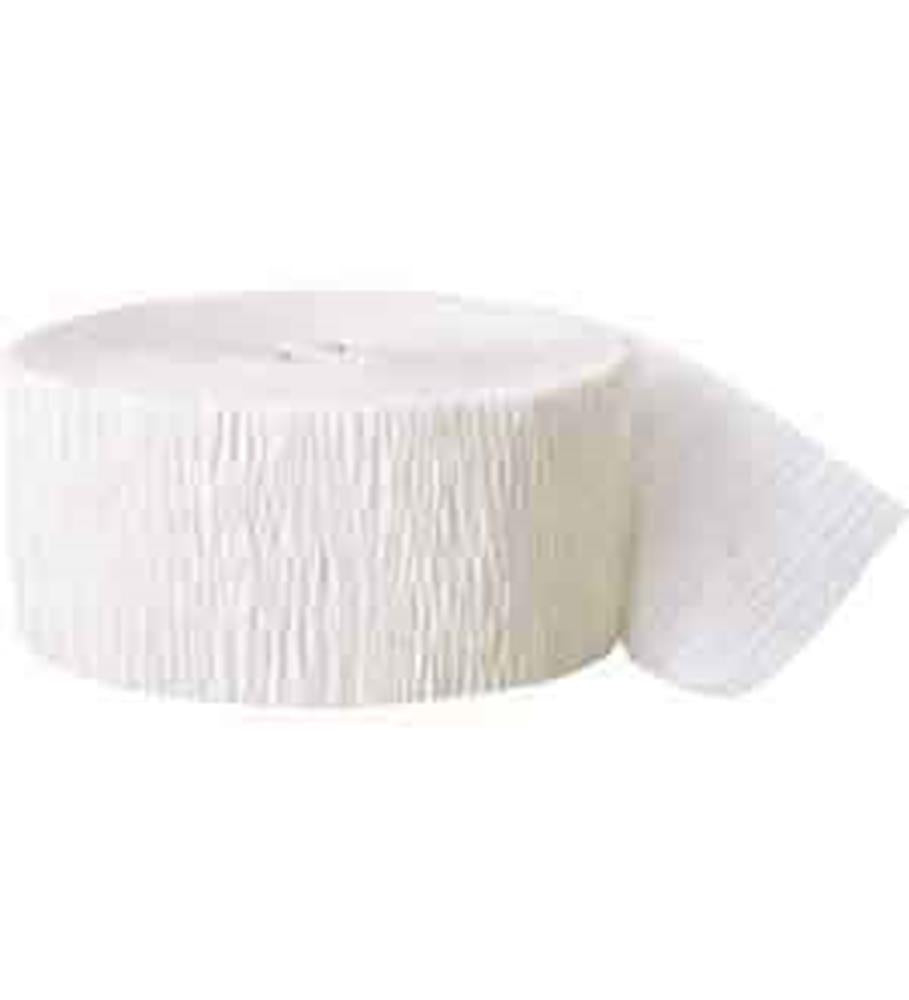 White crepe paper streamer roll with textured surface partially unrolled.