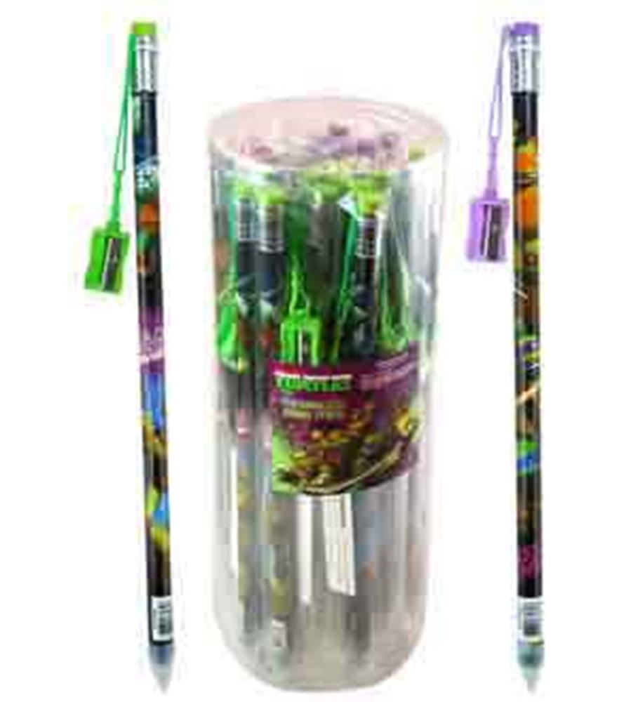 Clear cylindrical container holding multiple Teenage Mutant Ninja Turtle-themed jumbo pencils with green erasers and.