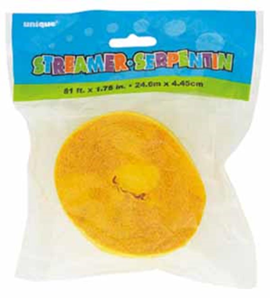 Bright yellow crepe paper streamer rolled into a compact circle in clear plastic packaging.