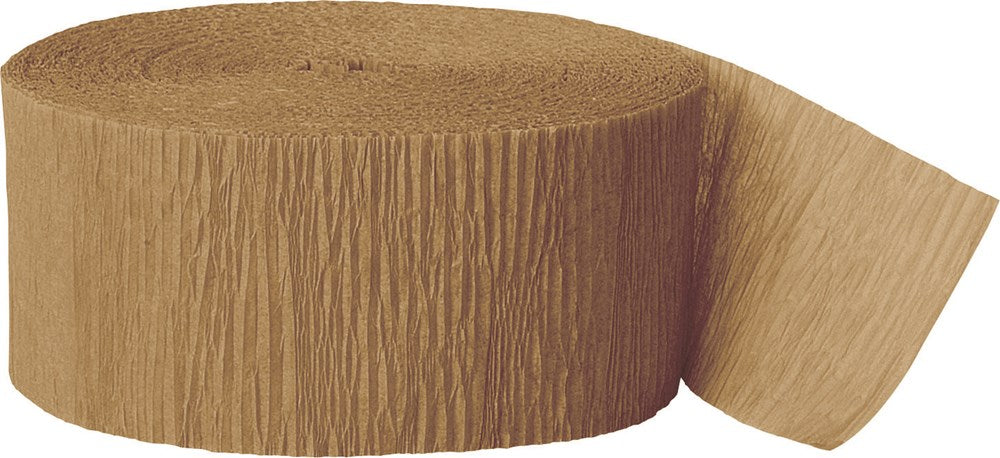 Gold crepe paper streamer roll with textured surface and one end slightly unrolled.