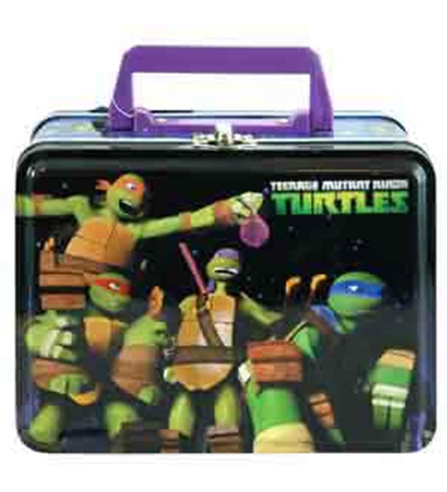 Rectangular metal lunch box featuring Teenage Mutant Ninja Turtles with purple handle and latch.