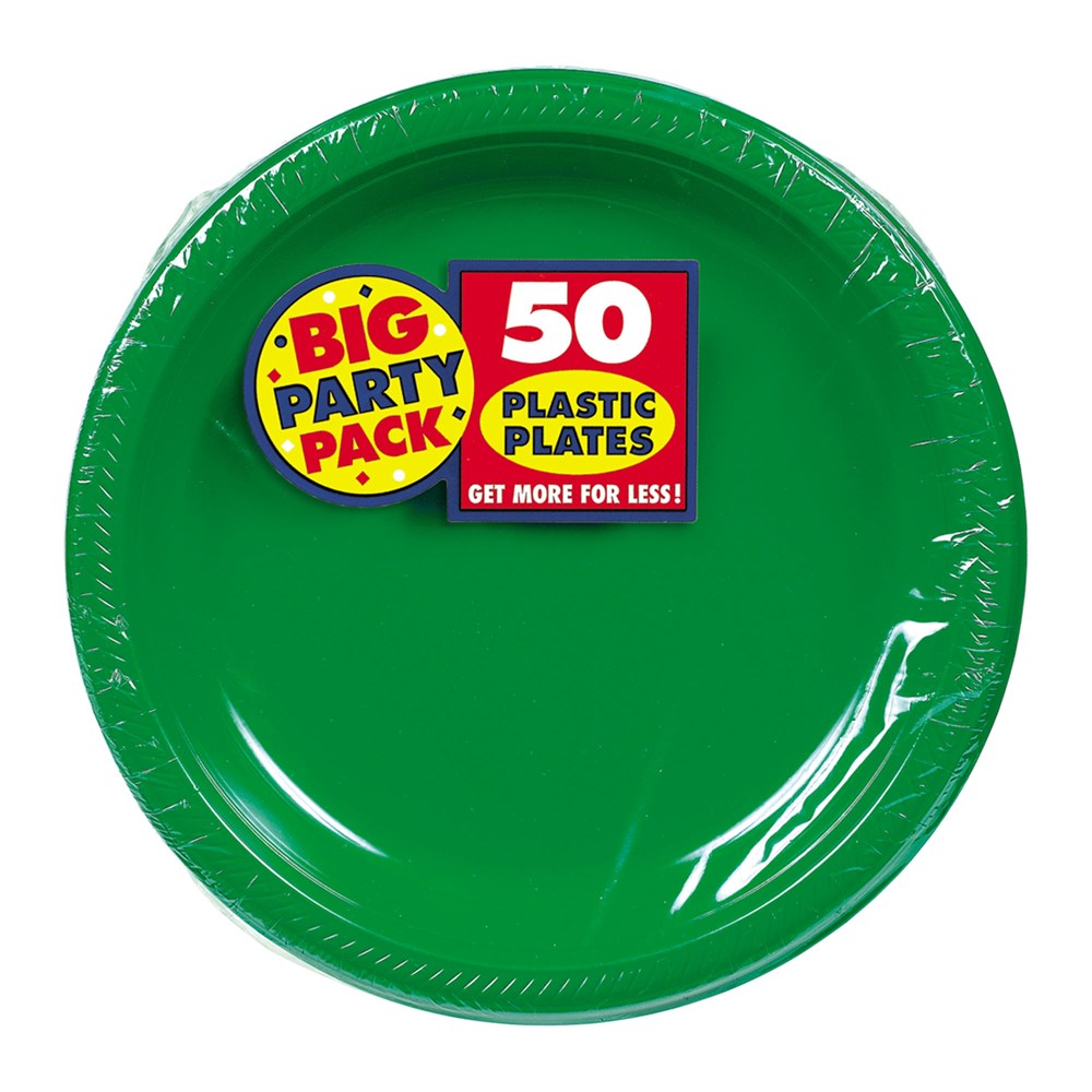 Set of 50 glossy green 7-inch round plastic plates with a slightly raised rim.