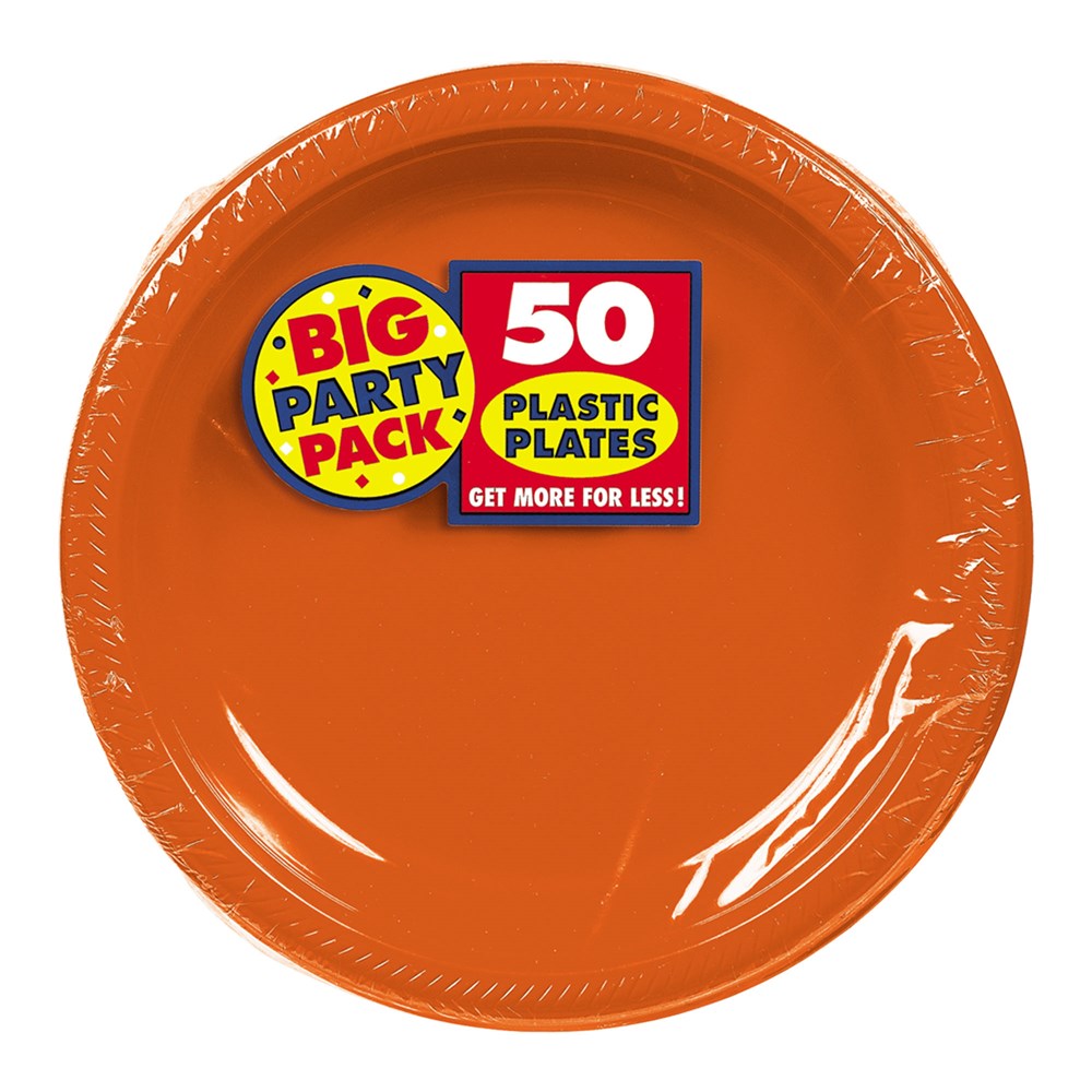Round 7-inch orange plastic plate with textured rim, sold in a pack of 50.