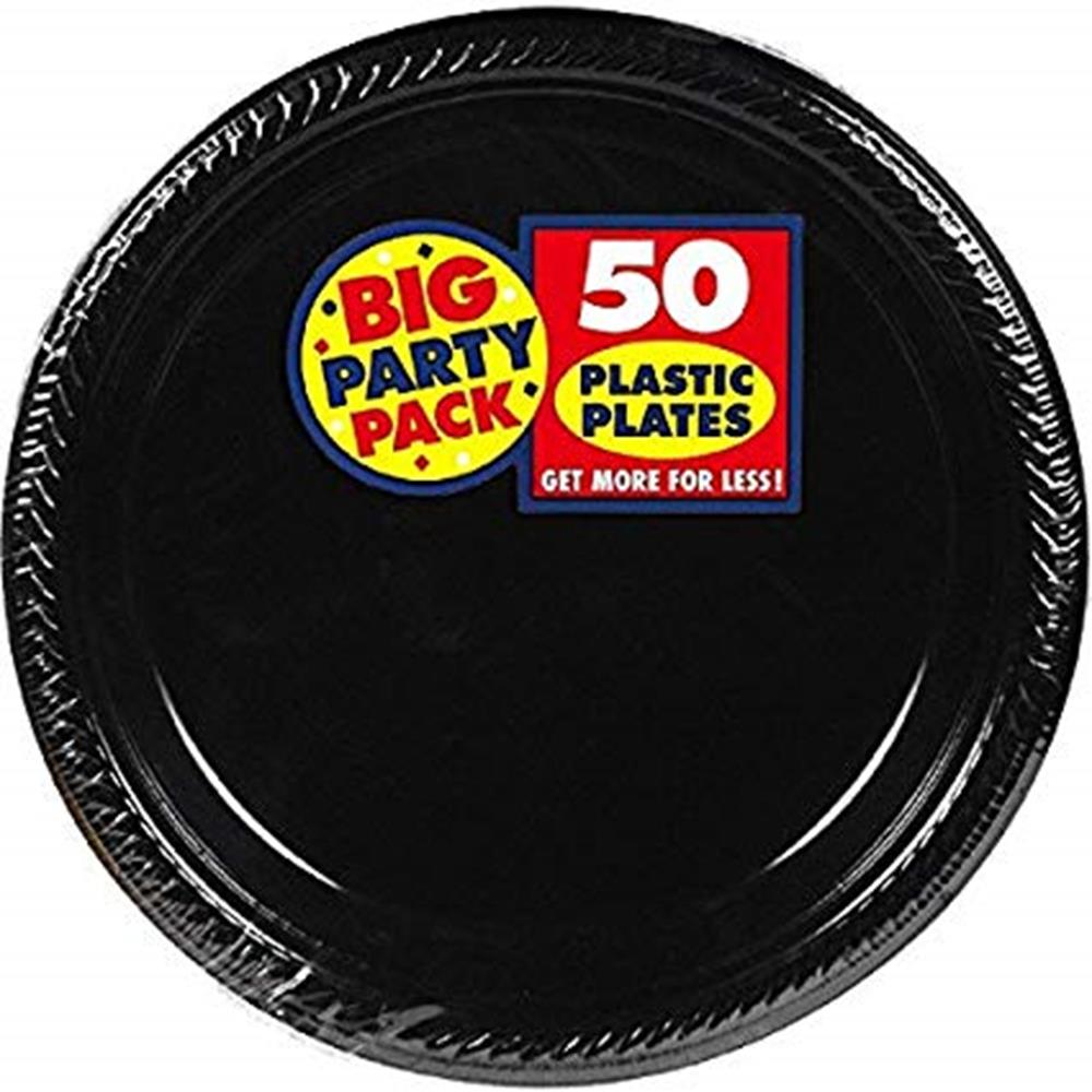 Jet black round 7-inch plastic plate with a party pack label showing 50 plates.