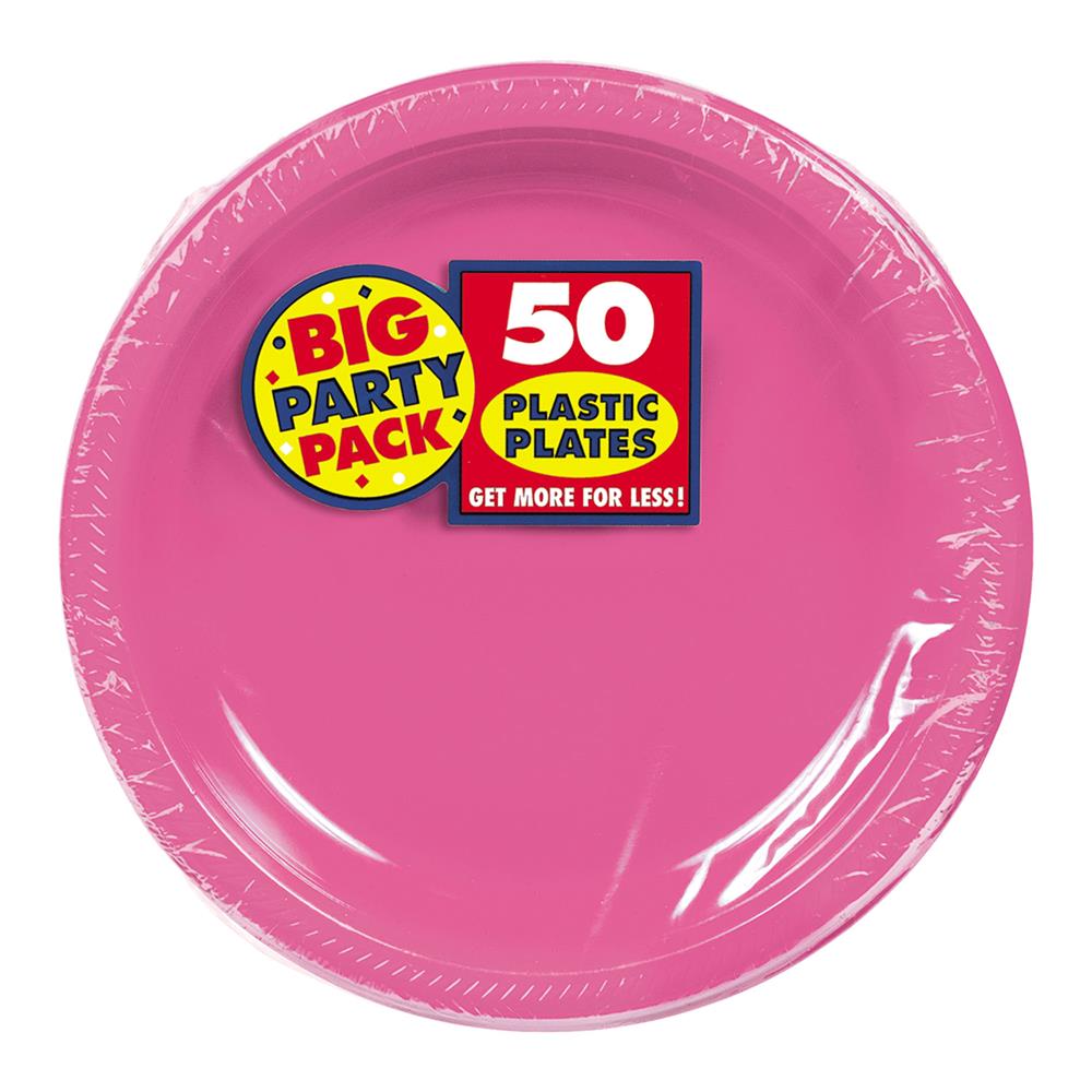 Stack of bright pink 7-inch round plastic plates wrapped in clear plastic with party pack label.