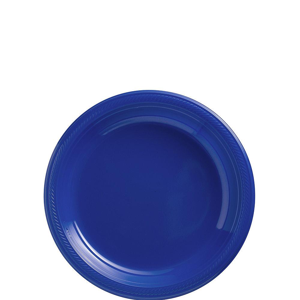 Bright royal blue round plastic plate with subtle concentric circle design, 7 inch size.