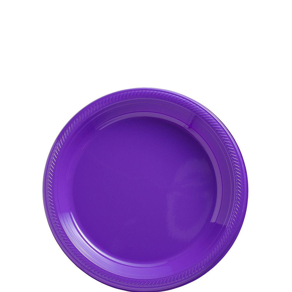 Round 7-inch purple plastic plate with a smooth center and textured rim.