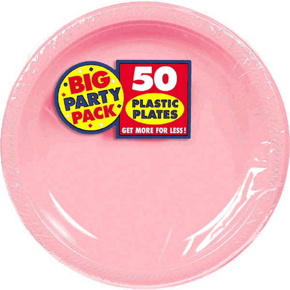 Set of 50 bright pink round plastic plates, 7-inch diameter, glossy finish.