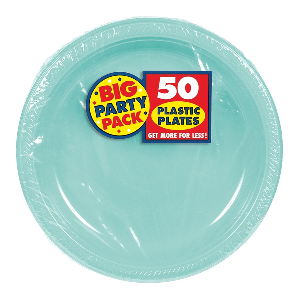 Set of 50 round robin's egg blue plastic plates, 7-inch size with textured rim.
