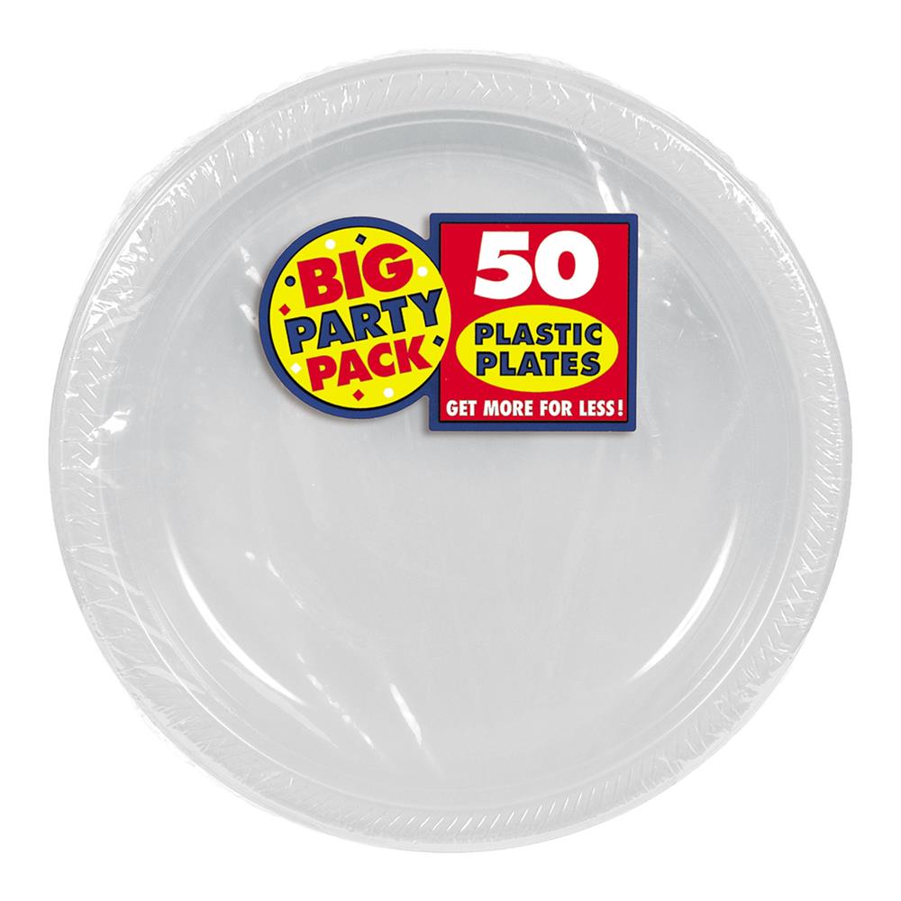 Stack of 50 clear round plastic plates with textured rim, 7-inch diameter, wrapped in plastic packaging.