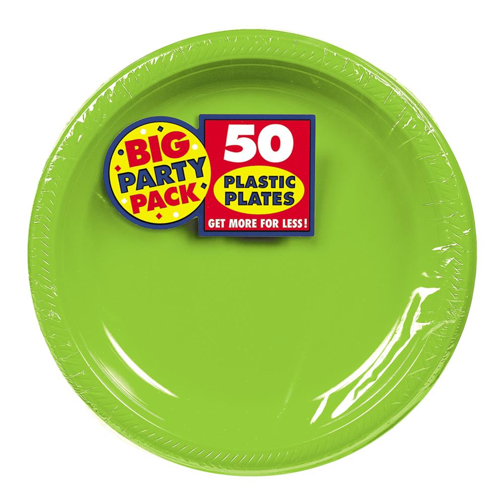 Bright kiwi green round plastic plate with textured rim, 7-inch diameter, 50-count pack label.