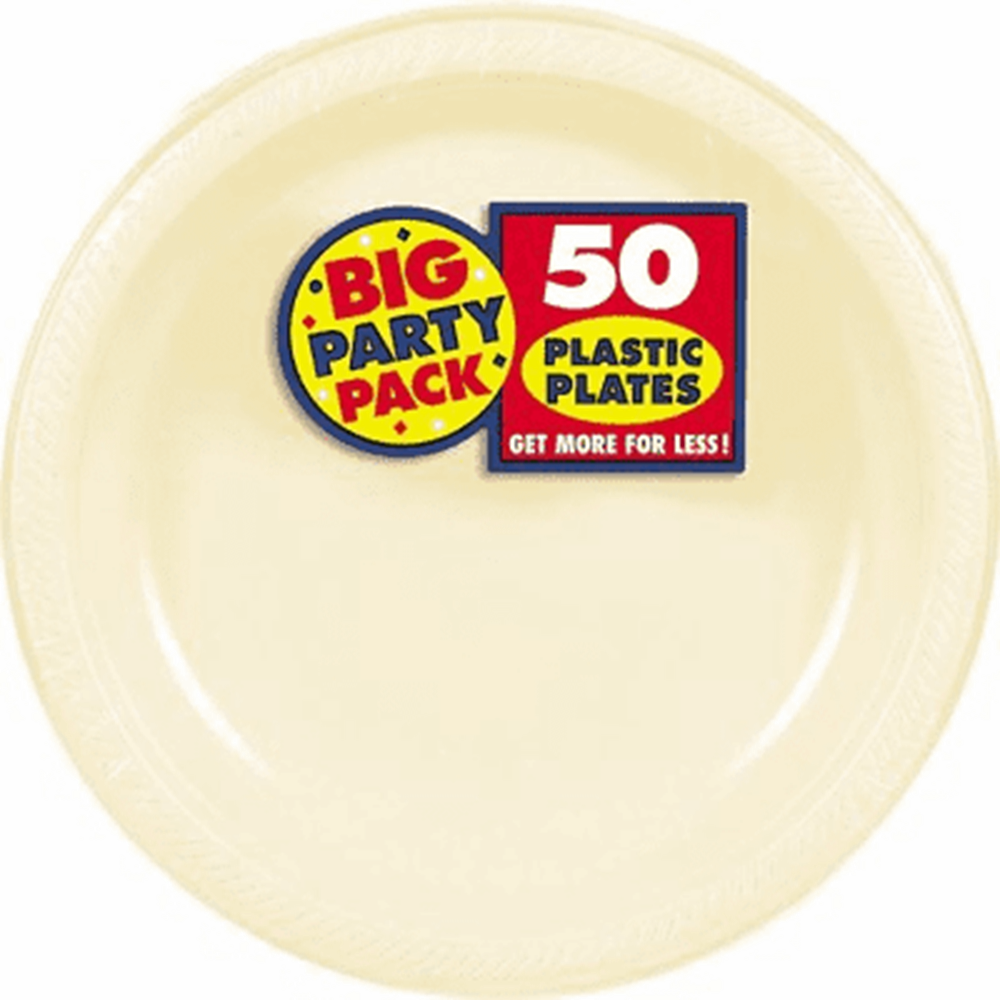 Set of 50 round 7-inch plastic plates in creamy vanilla color with embossed rim detailing.