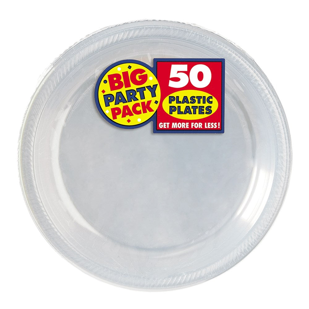 Clear 7-inch round plastic plate with textured rim, packaged in a 50-count stack.