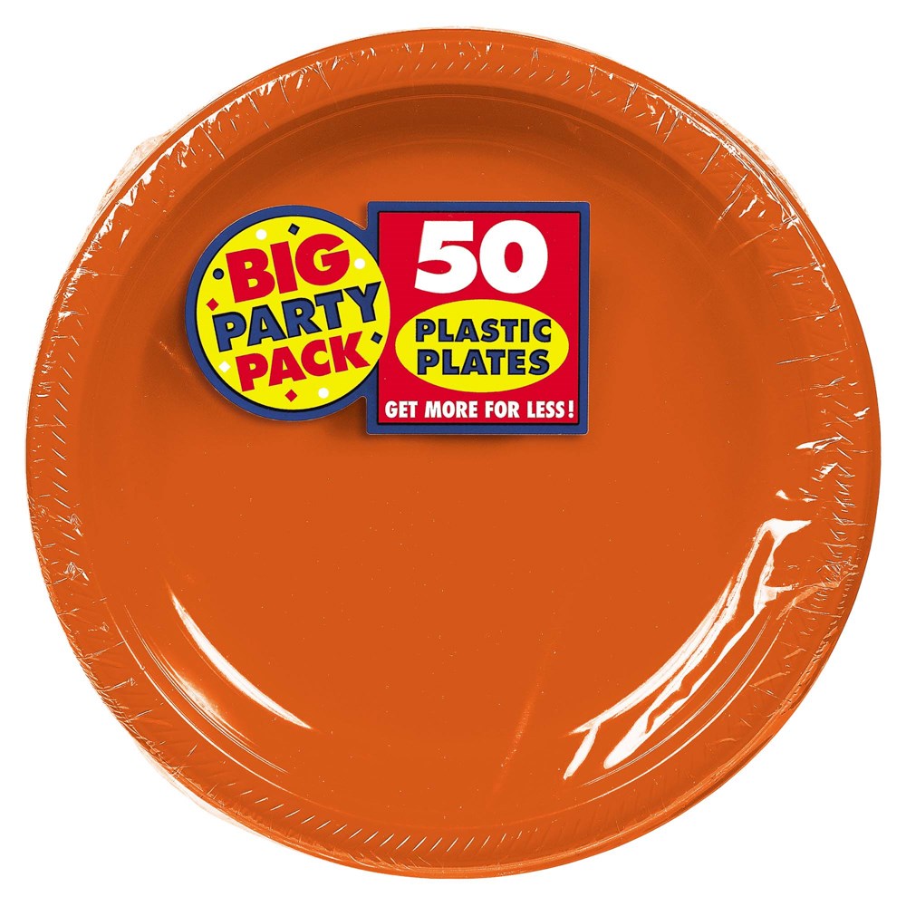 Set of 50 round bright orange plastic plates, 10.25 inches, with a slightly raised rim and smooth surface.