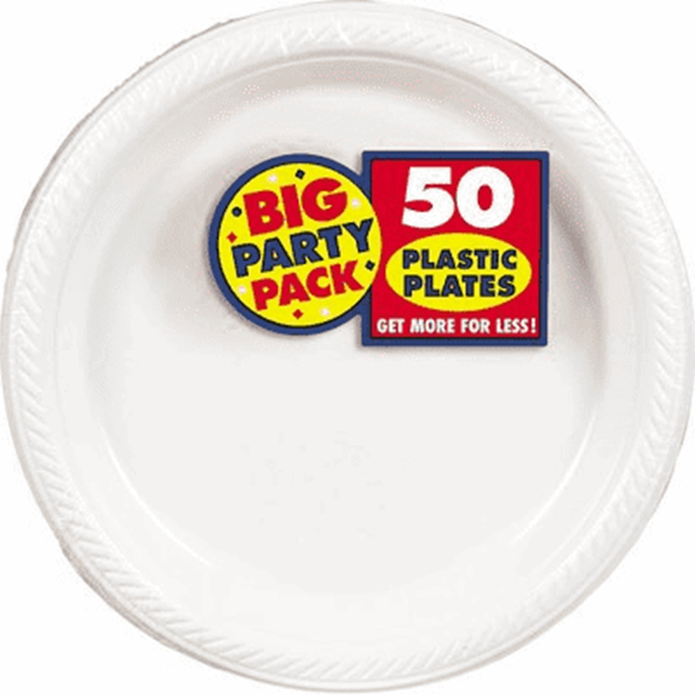 Stack of frosty white round plastic plates, 10.25 inches, 50 count pack with colorful label.