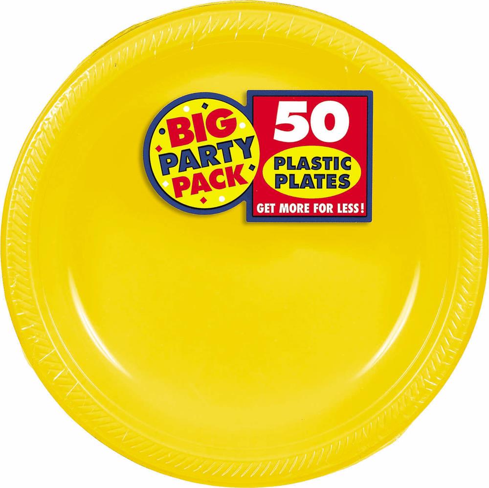 Bright yellow round plastic plate with textured rim, 10.25 inches, pack of 50.
