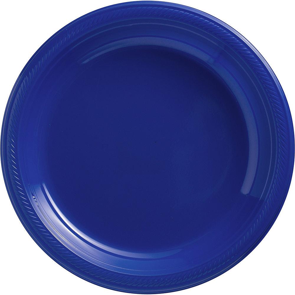 Bright royal blue round plastic plate with subtle raised rim detailing, 10.25 inch.