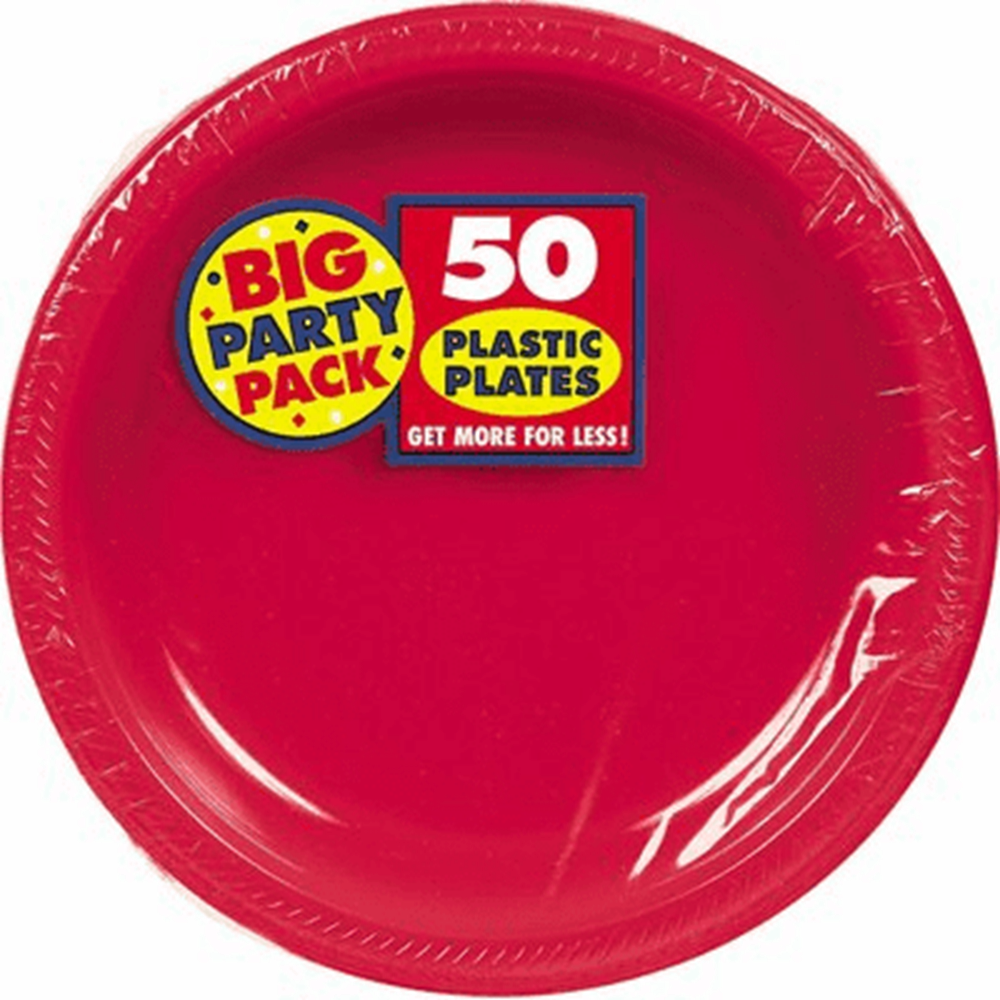 Stack of round apple red plastic plates with a glossy finish and a "Big Party Pack 50 Plastic Plates" label.