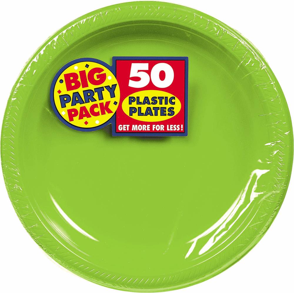 Bright kiwi green round plastic plate with "Big Party Pack" label, 50-count packaging.