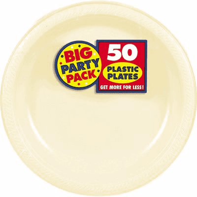 Round vanilla creme plastic plates with decorative embossed rim, 10.25 inch, pack of 50.