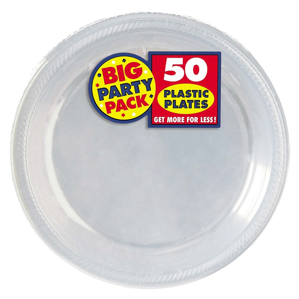 Clear round plastic plate with textured rim, 10.25 inches, pack of 50.