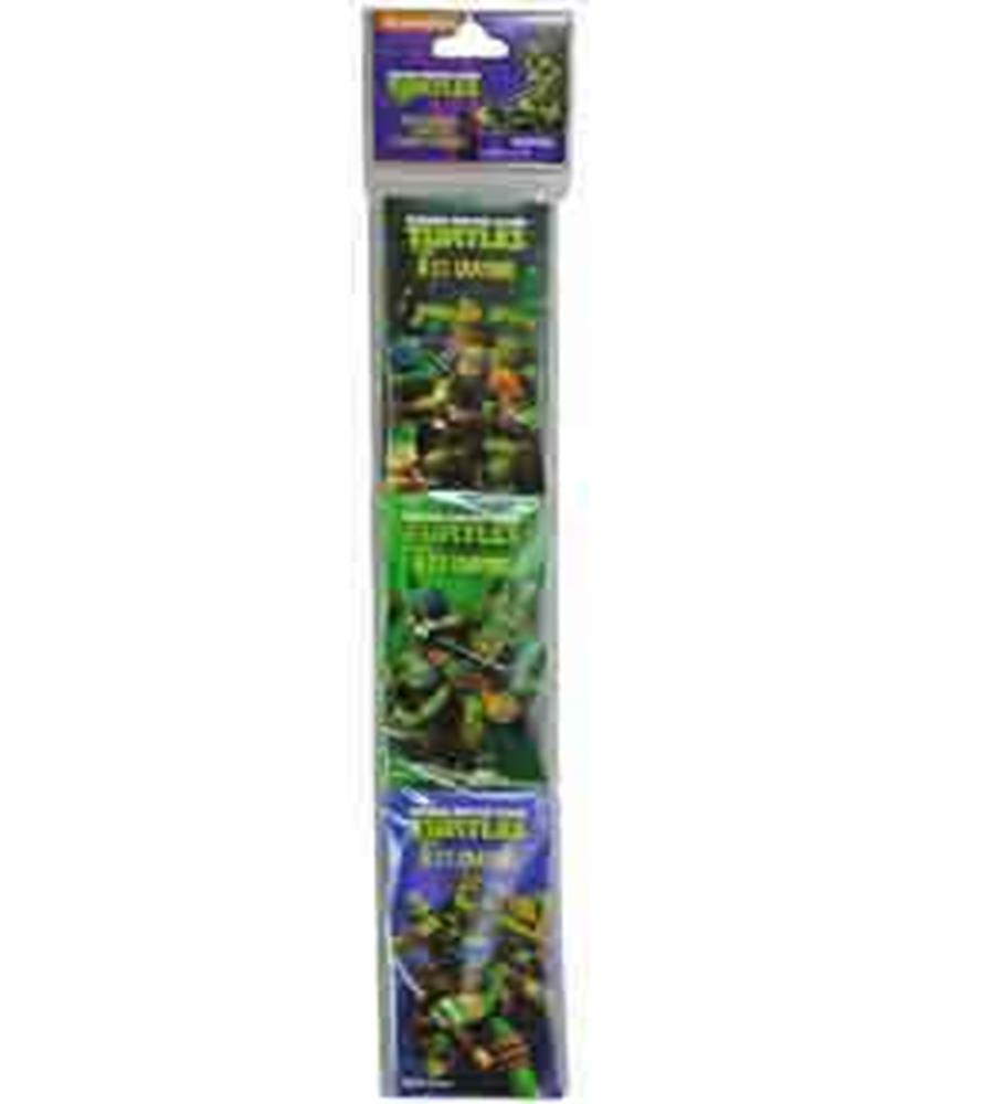 Three vertical packs of Teenage Mutant Ninja Turtles boxed crayons featuring colorful character illustrations in green,.