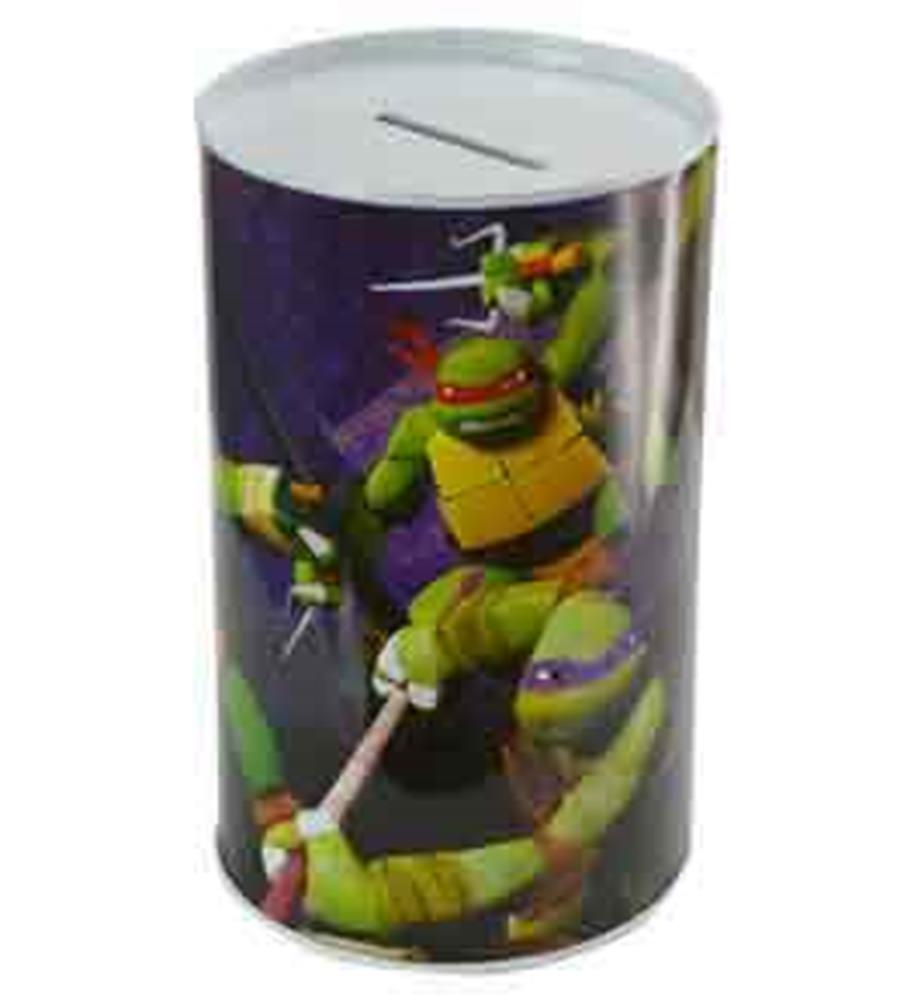Cylindrical metal coin container featuring colorful Teenage Mutant Ninja Turtles graphics with a slot on top for coins.