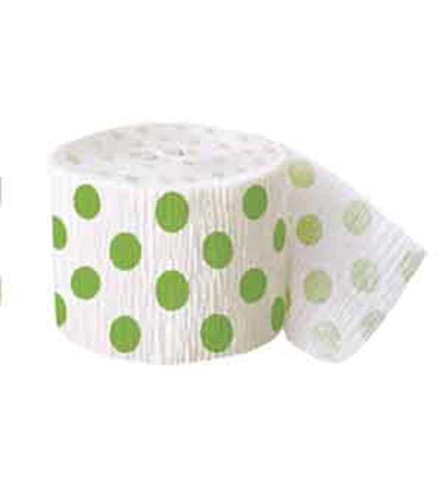 Roll of white crepe streamer decorated with evenly spaced lime green polka dots, partially unrolled to show texture.