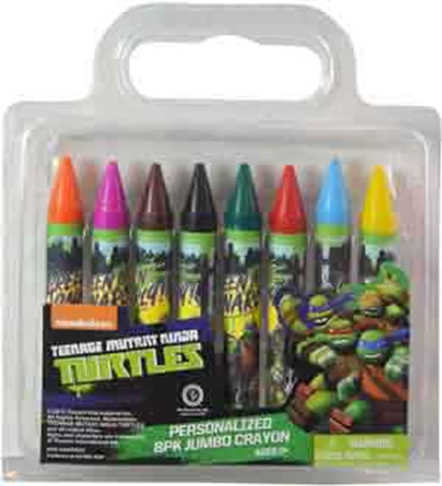 Set of 8 colorful Teenage Mutant Ninja Turtles crayons in a clear plastic case with handle and TMNT-themed label.