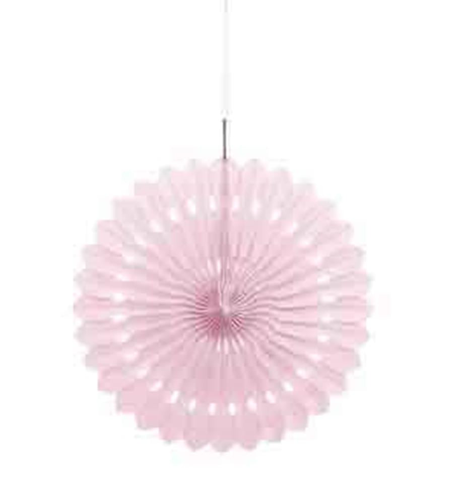 Light pink 16-inch round tissue paper fan with scalloped edges, hanging decoration.