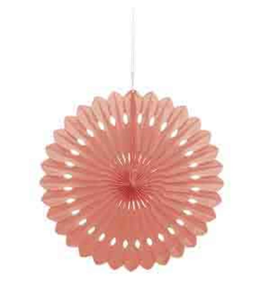 16-inch pastel coral paper deco fan with scalloped edges and hanging string.