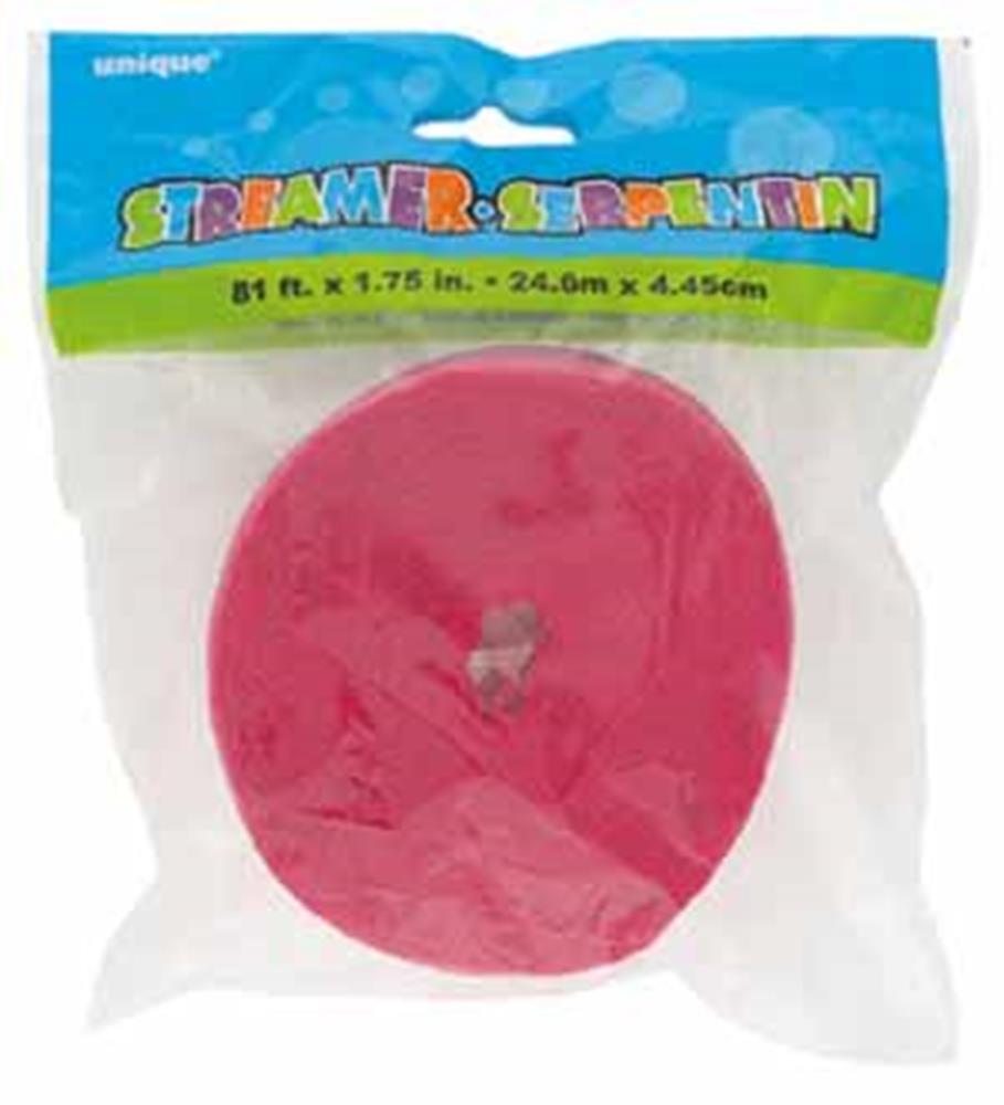 Roll of hot pink crepe paper streamer wrapped in clear plastic packaging with blue and green label.