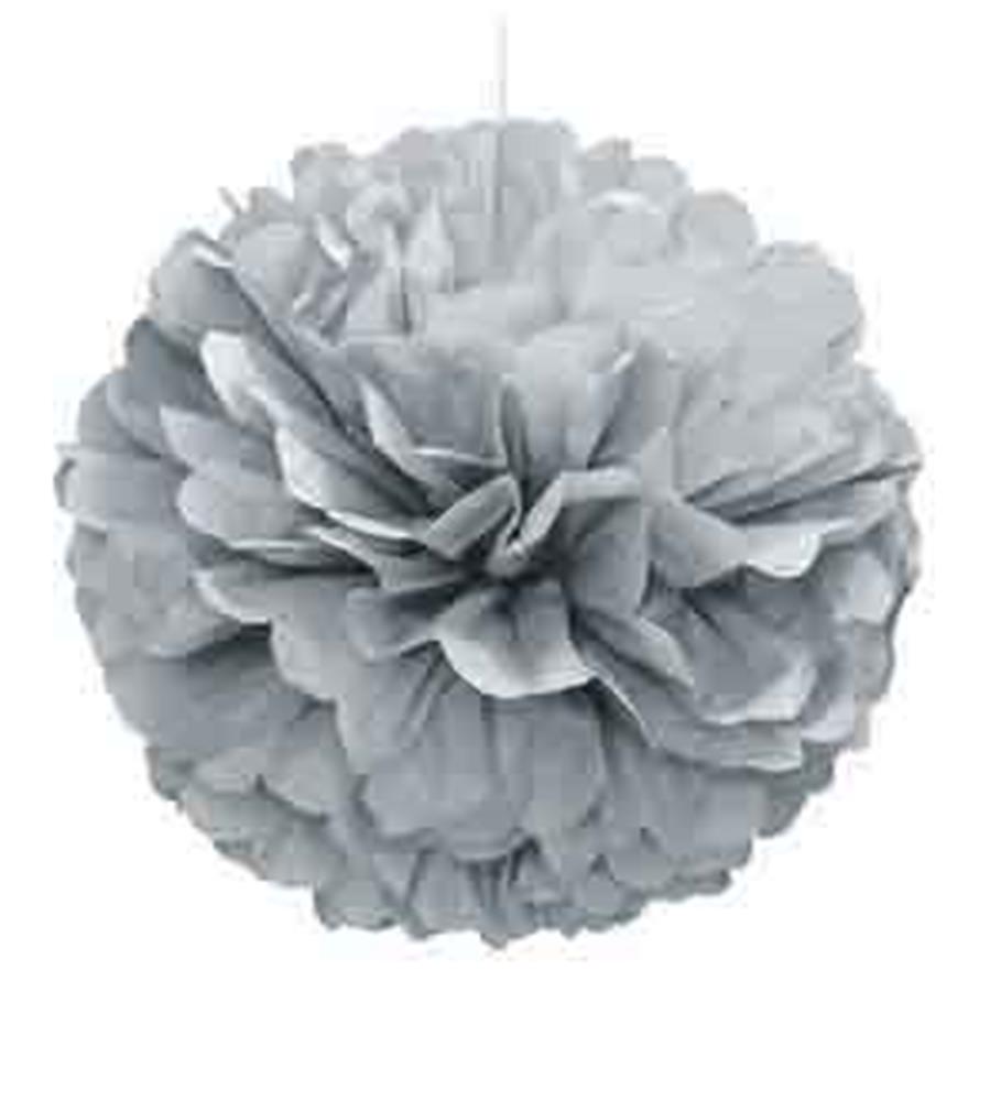 Silver tissue paper pom-pom decoration with layered ruffled petals, 16 inches diameter.