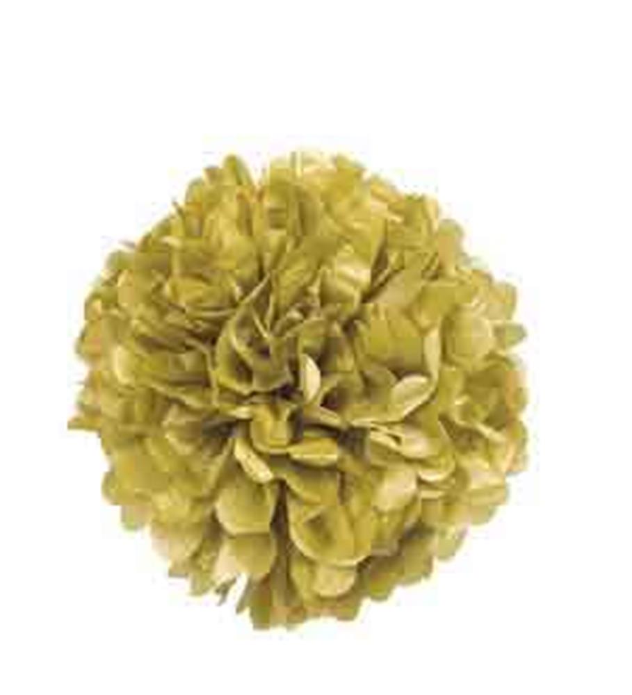 Gold paper pom pom decoration with layered, ruffled petals, 16 inches wide.