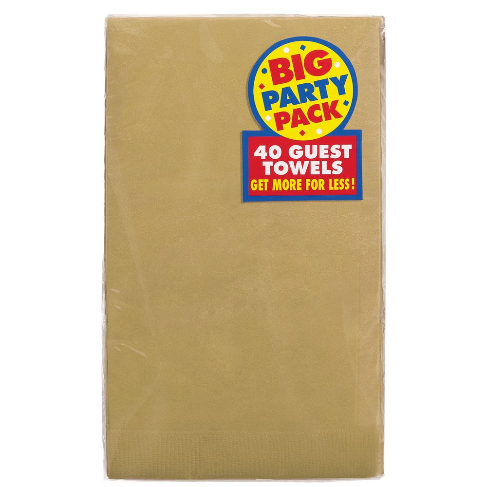 Stack of 40 gold-colored 2-ply guest towels in rectangular packaging with a bright party pack label.