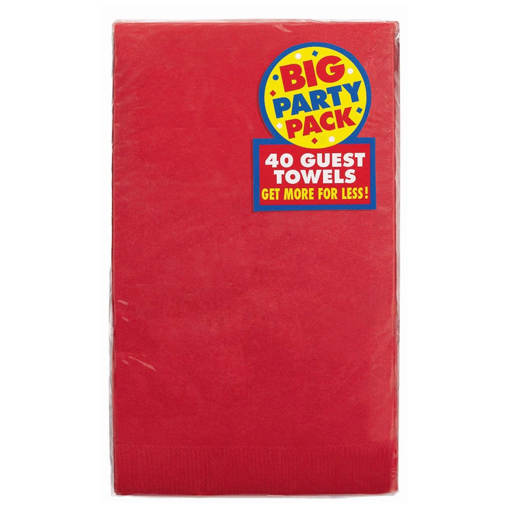 Pack of 40 apple red 2-ply guest towels with yellow and blue "Big Party Pack" label.