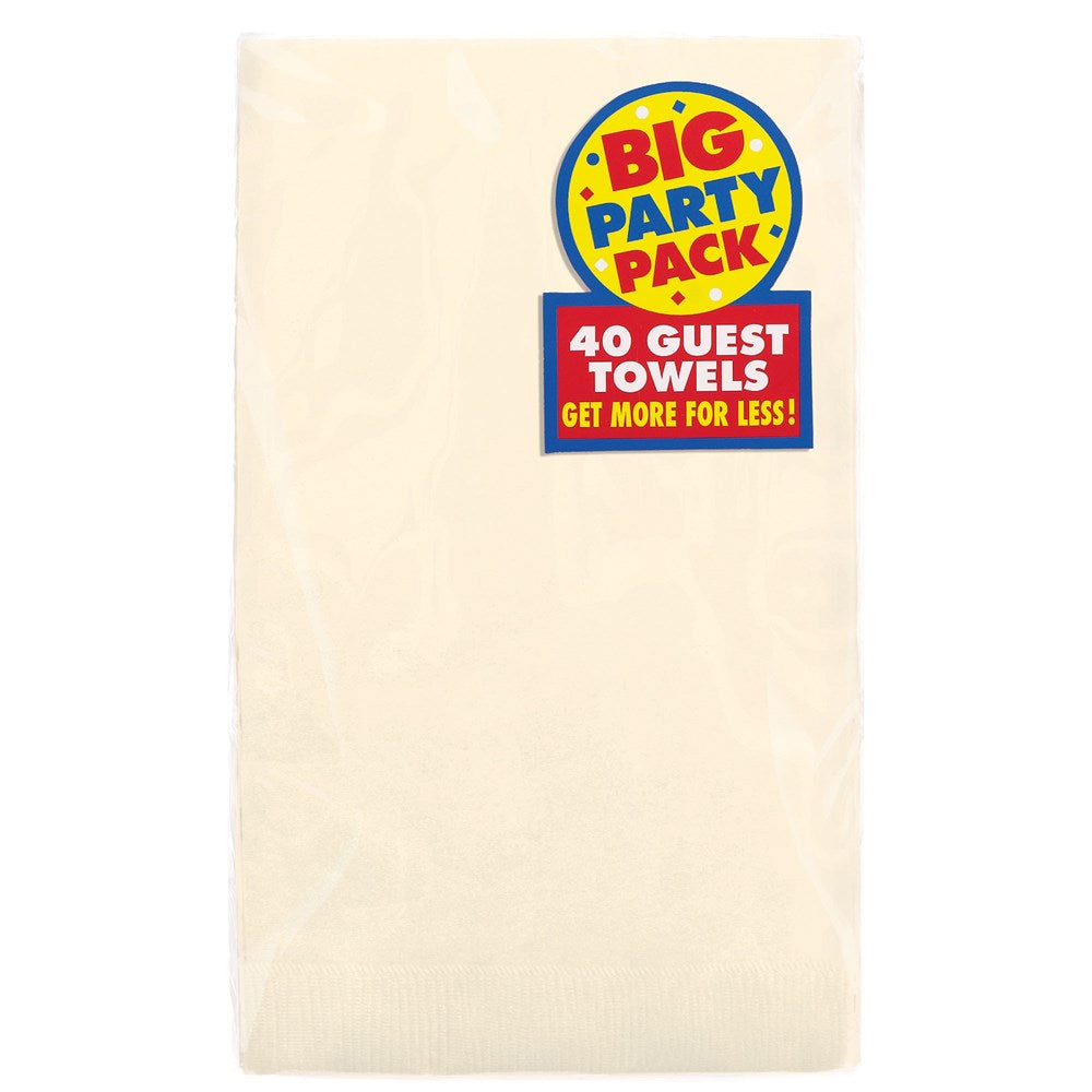 Stack of ivory 2-ply guest towels with a colorful "Big Party Pack" label on top.