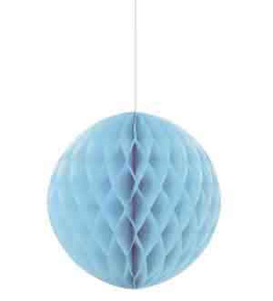 Powder blue spherical honeycomb paper ball decoration with 8-inch diameter, hanging by a white string.
