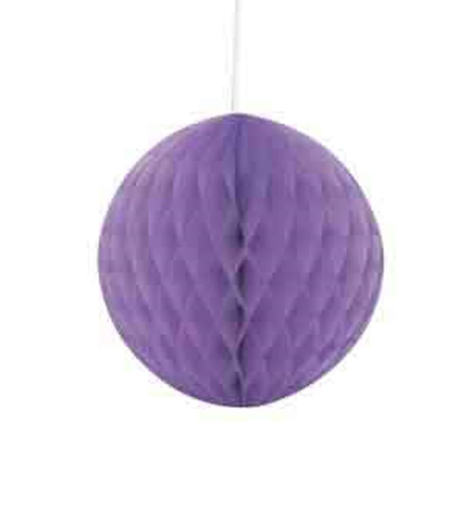 Purple honeycomb paper ball decoration with 8-inch diameter and hanging string.