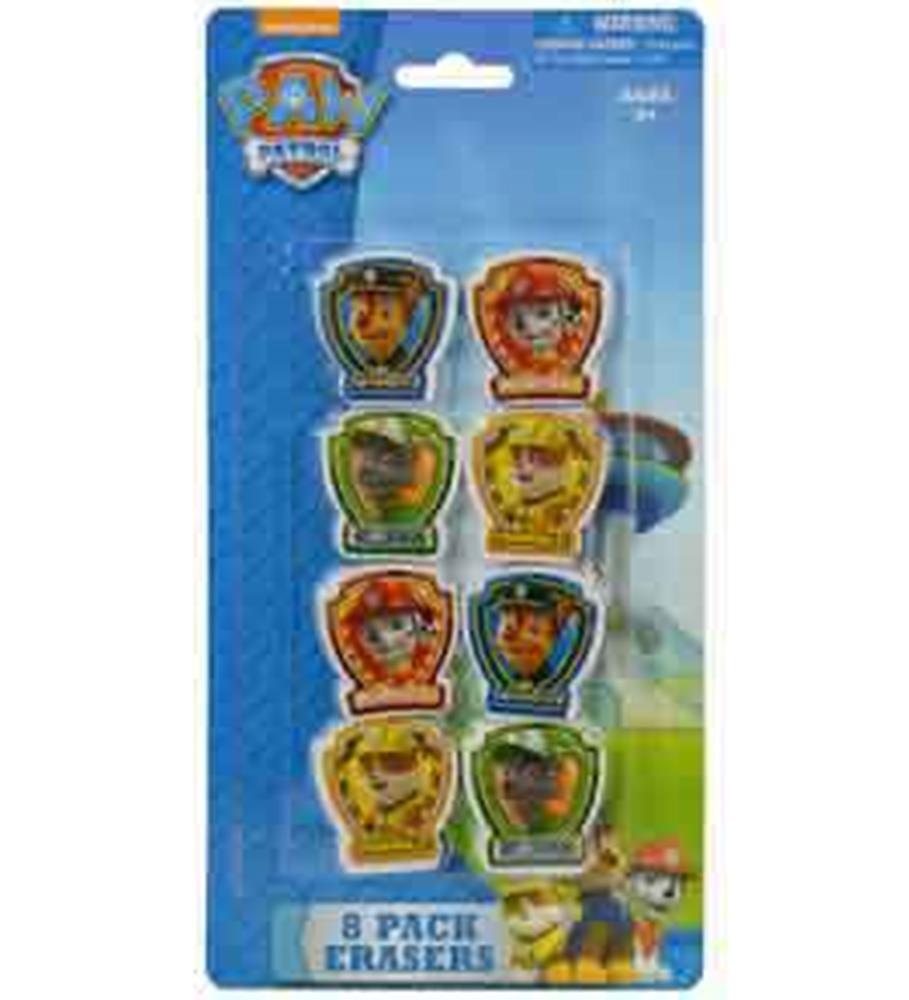 Set of 8 colorful Paw Patrol character-shaped erasers on blue backing card with Paw Patrol logo.