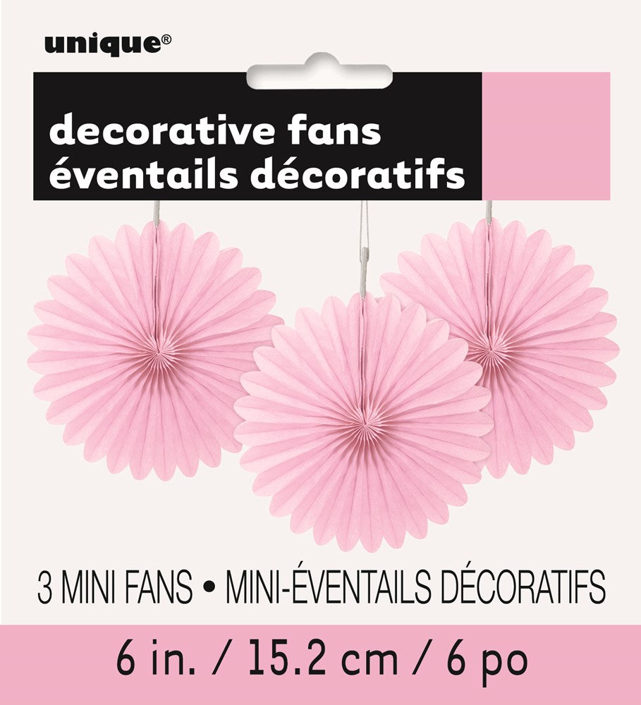 Set of three lovely solid pink tissue paper fans, each 6 inches wide, with pleated, circular folds.
