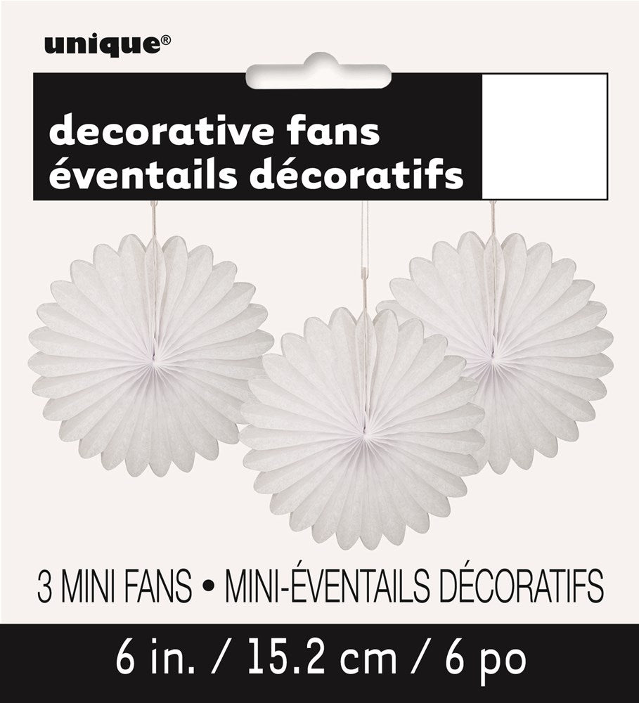 Three white 6-inch round tissue paper fans with pleated, scalloped edges hanging by strings.
