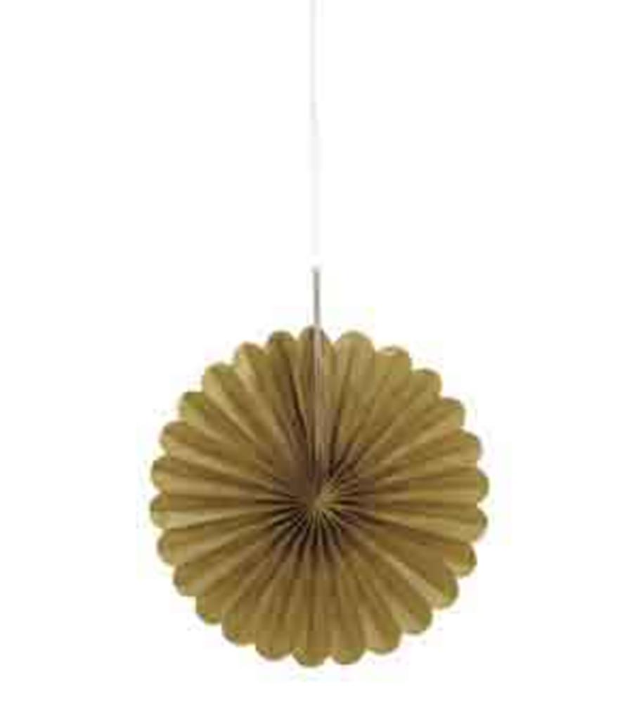 Set of three 6-inch round gold tissue paper fans with scalloped edges for party decor.