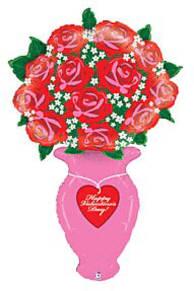 Pink vase-shaped foil balloon featuring a bouquet of red and pink roses with green leaves and white baby's breath flowers,.
