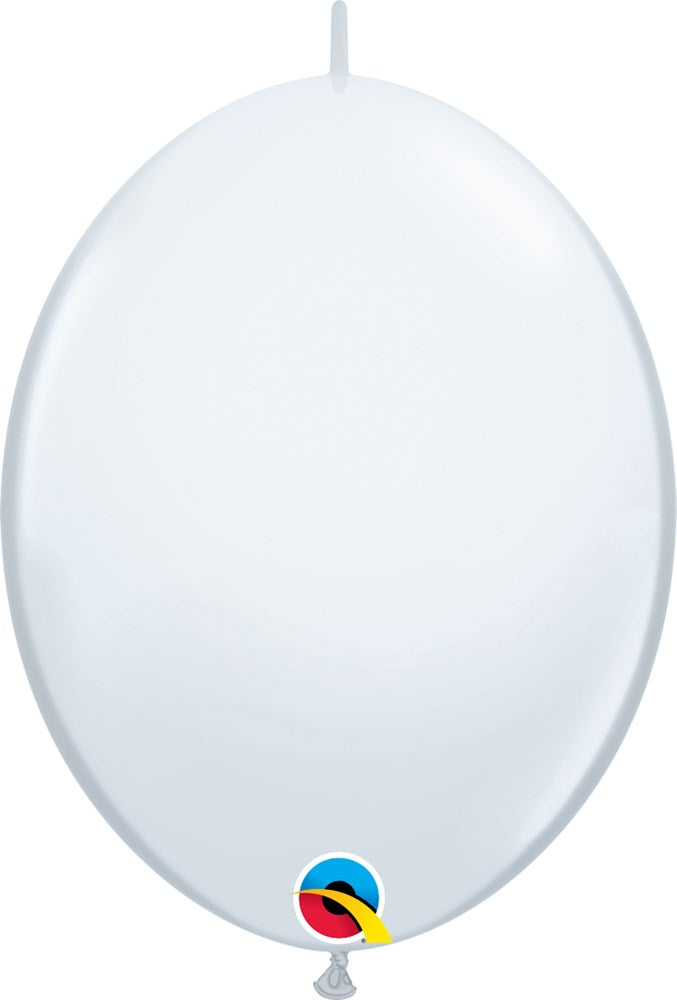 White latex balloon with a round shape and tied neck, 12-inch size.
