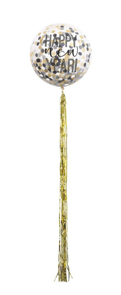 Clear round balloon with gold confetti and "Happy New Year!" text, attached to long gold tassel wand.