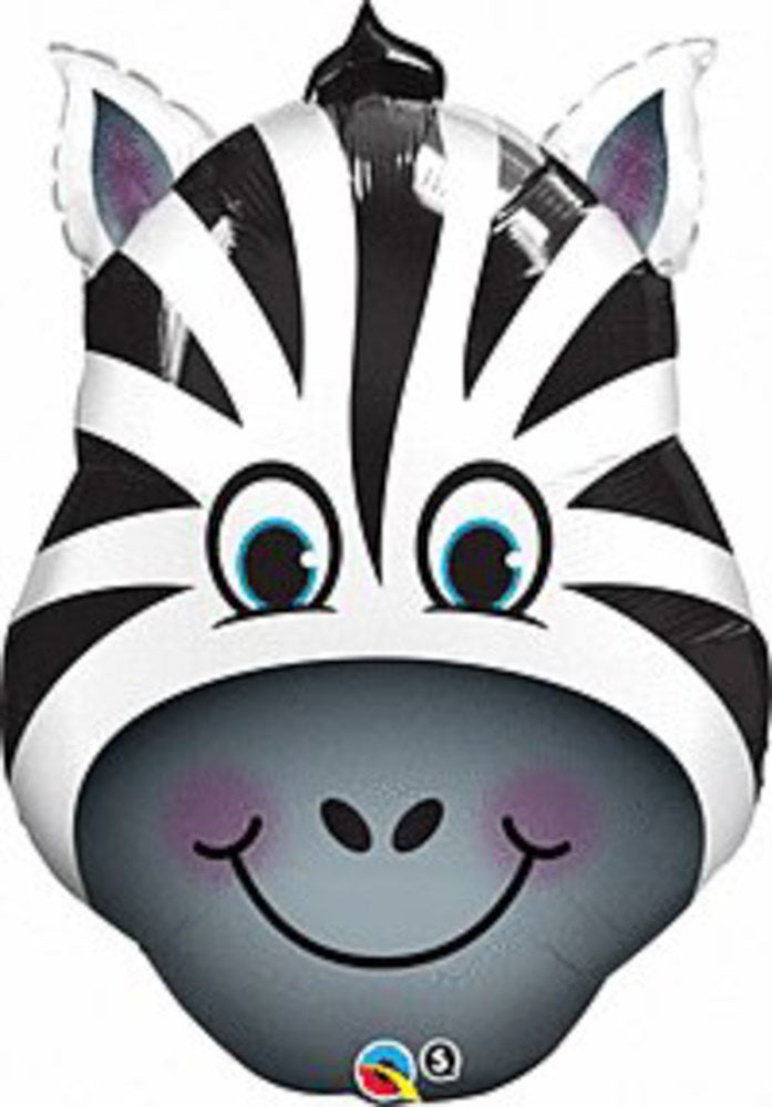 32-inch foil balloon shaped like a smiling zebra head with black and white stripes and blue eyes.