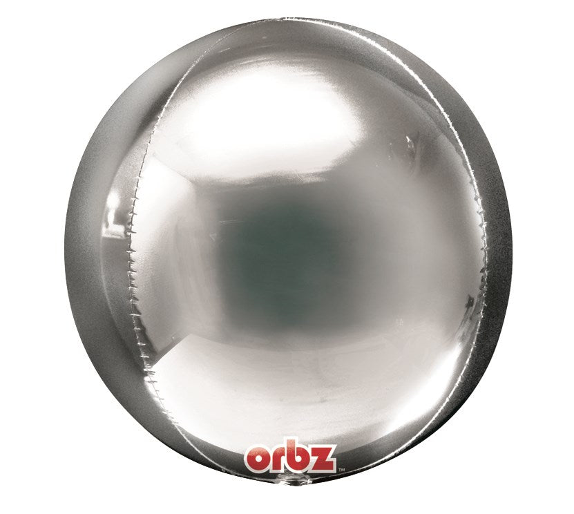 Round 16-inch silver metallic balloon with smooth, reflective surface and flat shape.